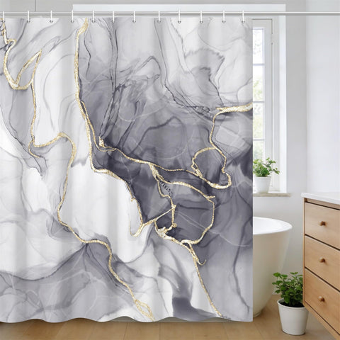 Kzzfqxb 180x200cm Shower Curtains with Plastic Hooks, Waterproof Occluded Grey Marble Texture Golden Curve Lines Flowing Smoke Art Pattern for Bath