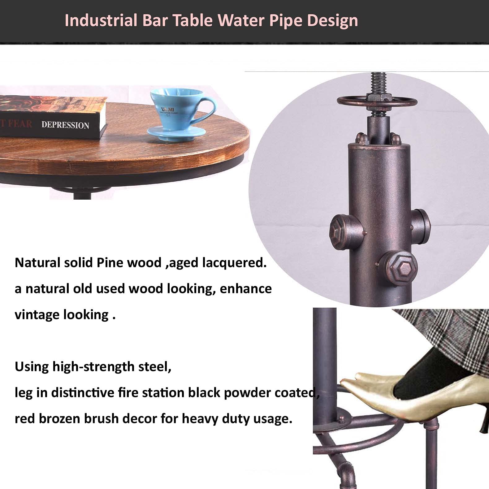 Topower Industrial Bar Table 31.5-41.3" Adjustable Pub Table Kitchen Dining Coffee Bistro Table Copper