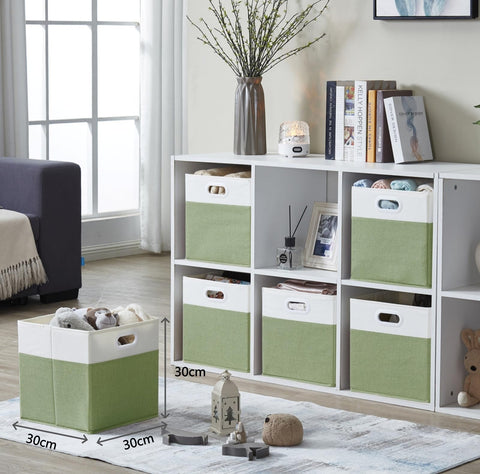 SOCOHOME Fabric Cube Storage Boxes,30x30x30cm Foldable Storage Baskets for Shelf Nursery Closet(Green/White, Set of 4)