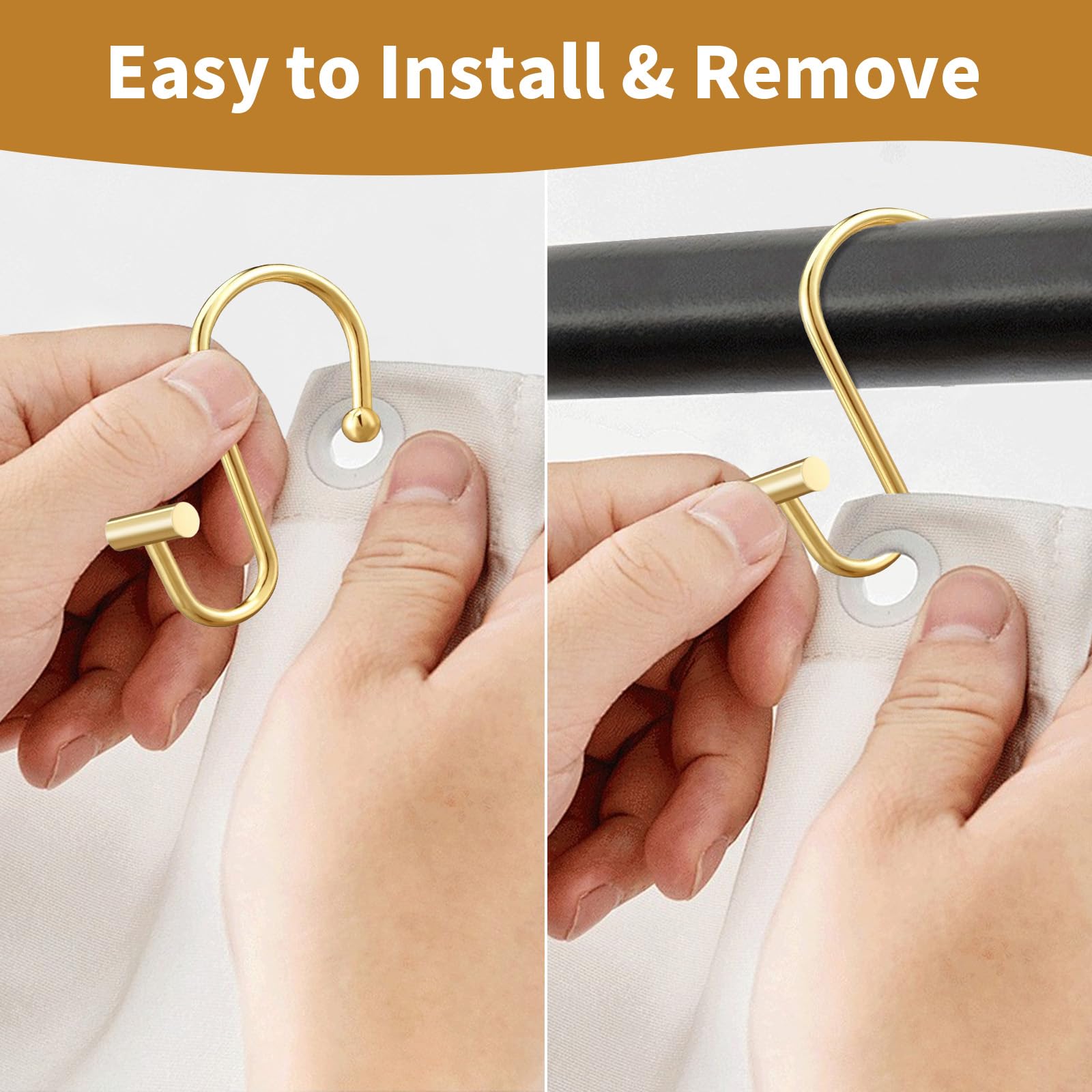 AURIVISTA 12 Pack Shower Curtain Hooks, Rust Proof T-Bar Rings, Gold