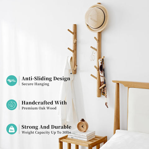 TREOAKWIS Vertical Coat Rack 50cm, Wood Hat Rack Wall Mounted with 5 Hooks
