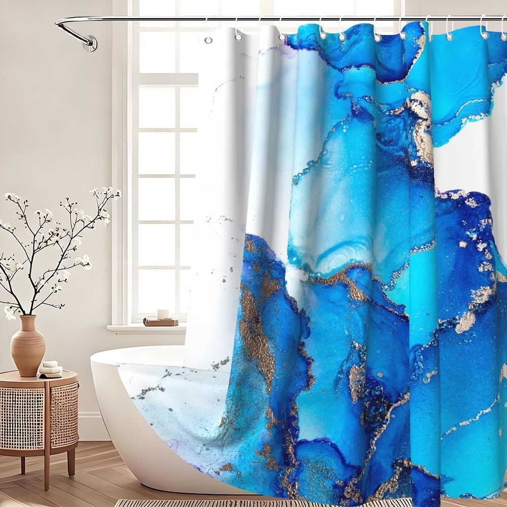 Xiaoterna Marble Shower Curtain Modern Luxury Blue Gradient Marble Waterproof Bathroom Curtain Abstract Art Gilding Wave Textured Washable Mildew
