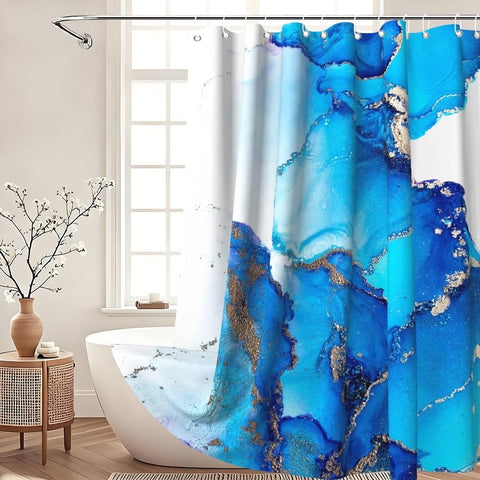 Xiaoterna Marble Shower Curtain Modern Luxury Blue Gradient Marble Waterproof Bathroom Curtain Abstract Art Gilding Wave Textured Washable Mildew