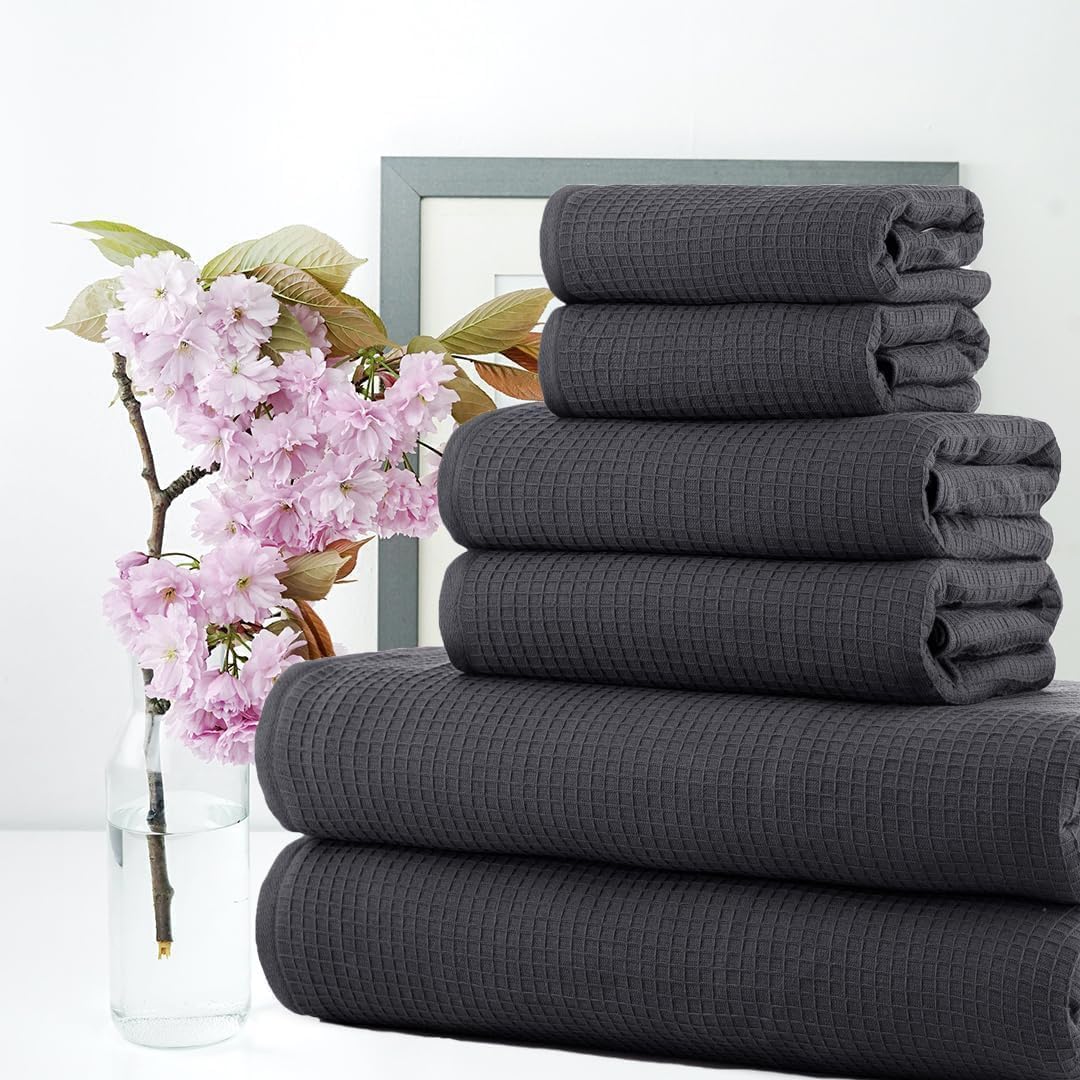 CASA COPENHAGEN Waffle Terry 6-piece set, cotton, extra large, luxurious, fir grey, 2 bath towels XL, 70 x 140 cm, 2 large hand towels, 50 x 80 cm