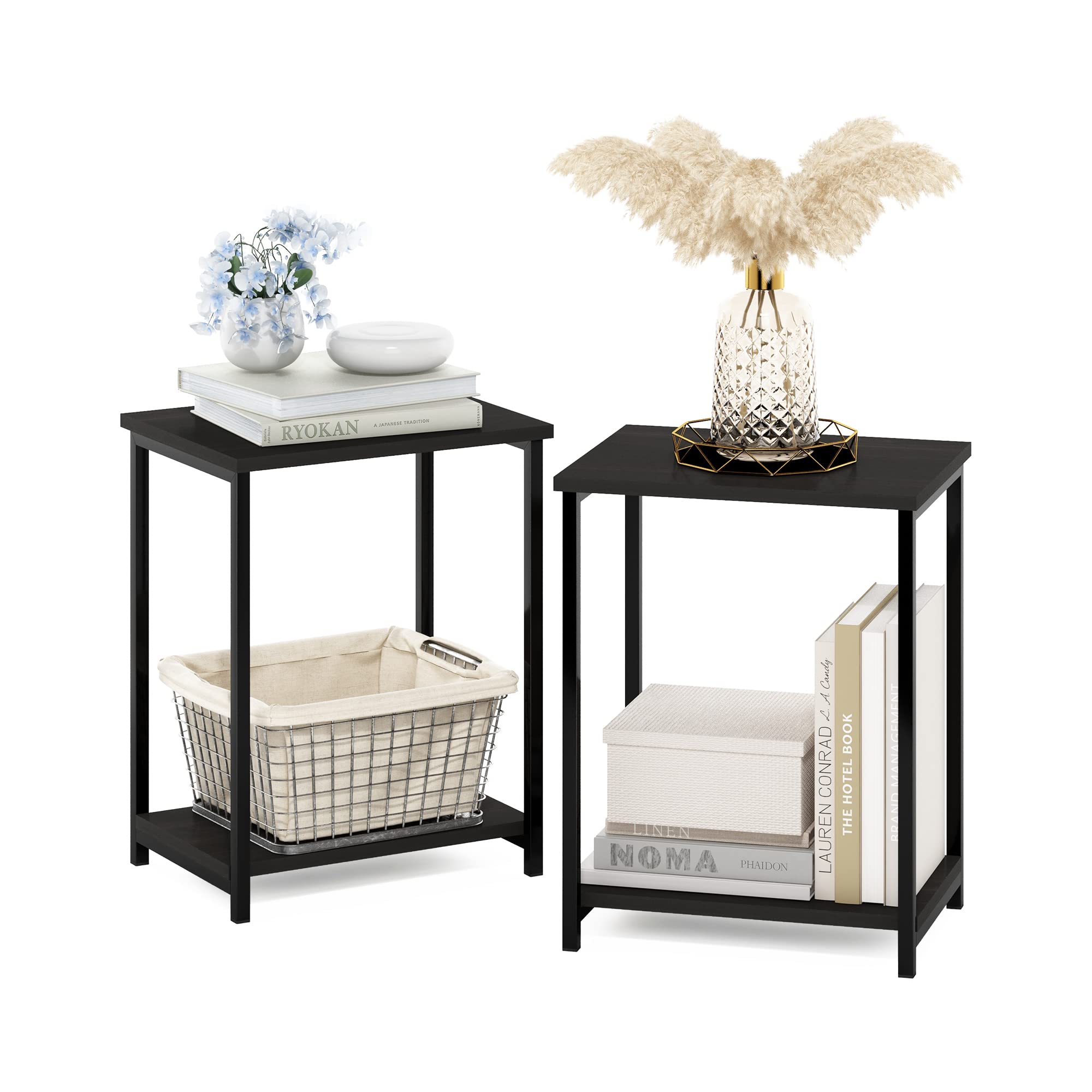 Furinno SIMPLISTIC Side Table Set of 2, 2-Tier Metal Frame End Table with Open Shelf, Night Stand, Bedside Table, for Living Room, Bedroom, Espresso
