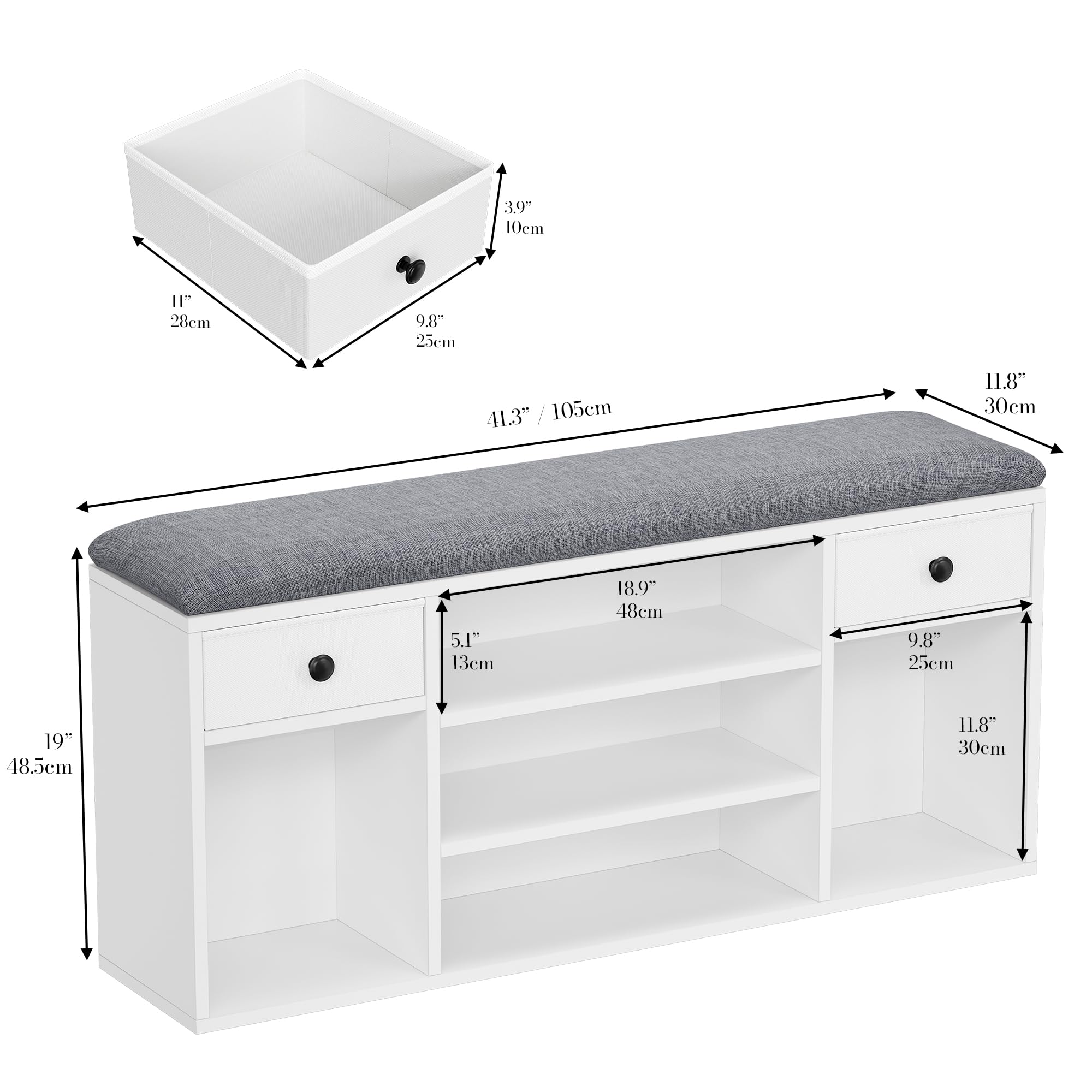 YITAHOME Shoe Bench with Padded Seat, 2 Drawers, 105cm, White and Grey