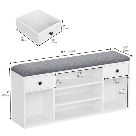 YITAHOME Shoe Bench with Padded Seat, 2 Drawers, 105cm, White and Grey