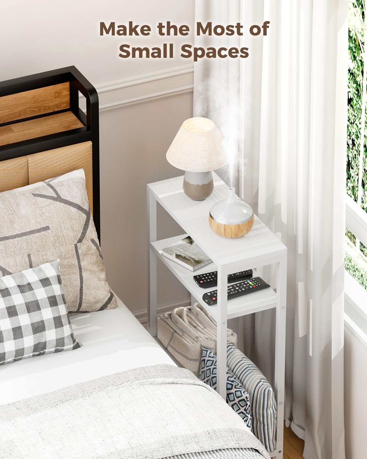 Yuede Narrow Side Table with Magazine Rack, 3-tier Slim Bedside Table, Small End Table for Living Room, Bedroom, MDF & Metal Frame (White)