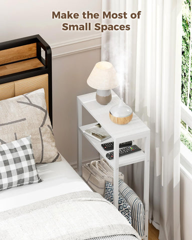 Yuede Narrow Side Table with Magazine Rack, 3-tier Slim Bedside Table, Small End Table for Living Room, Bedroom, MDF & Metal Frame (White)