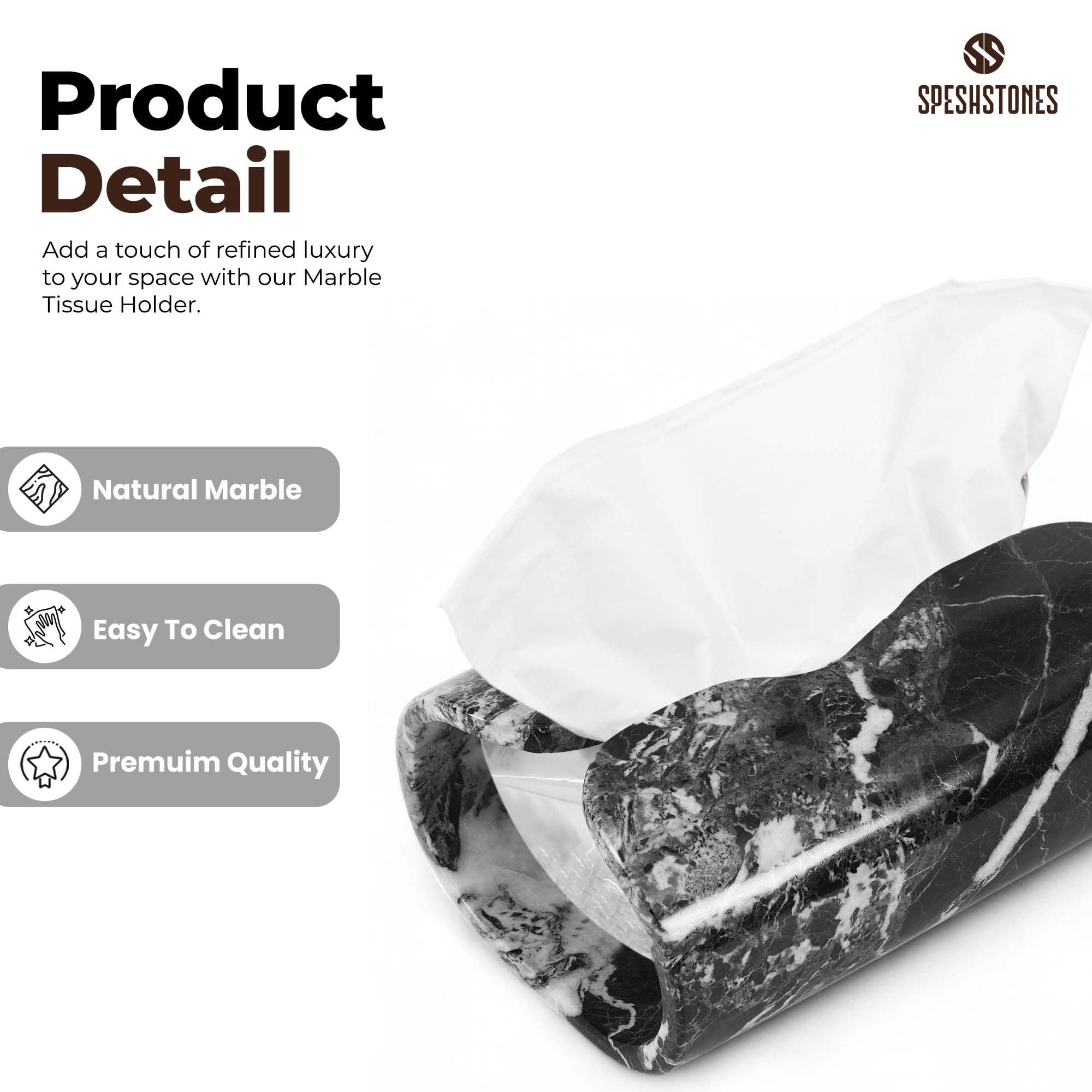 SPESHSTONES Marble Tissue Box Cover 7.5 Inch Rectangle Black Stone Holder for Facial Tissues and Paper Napkin