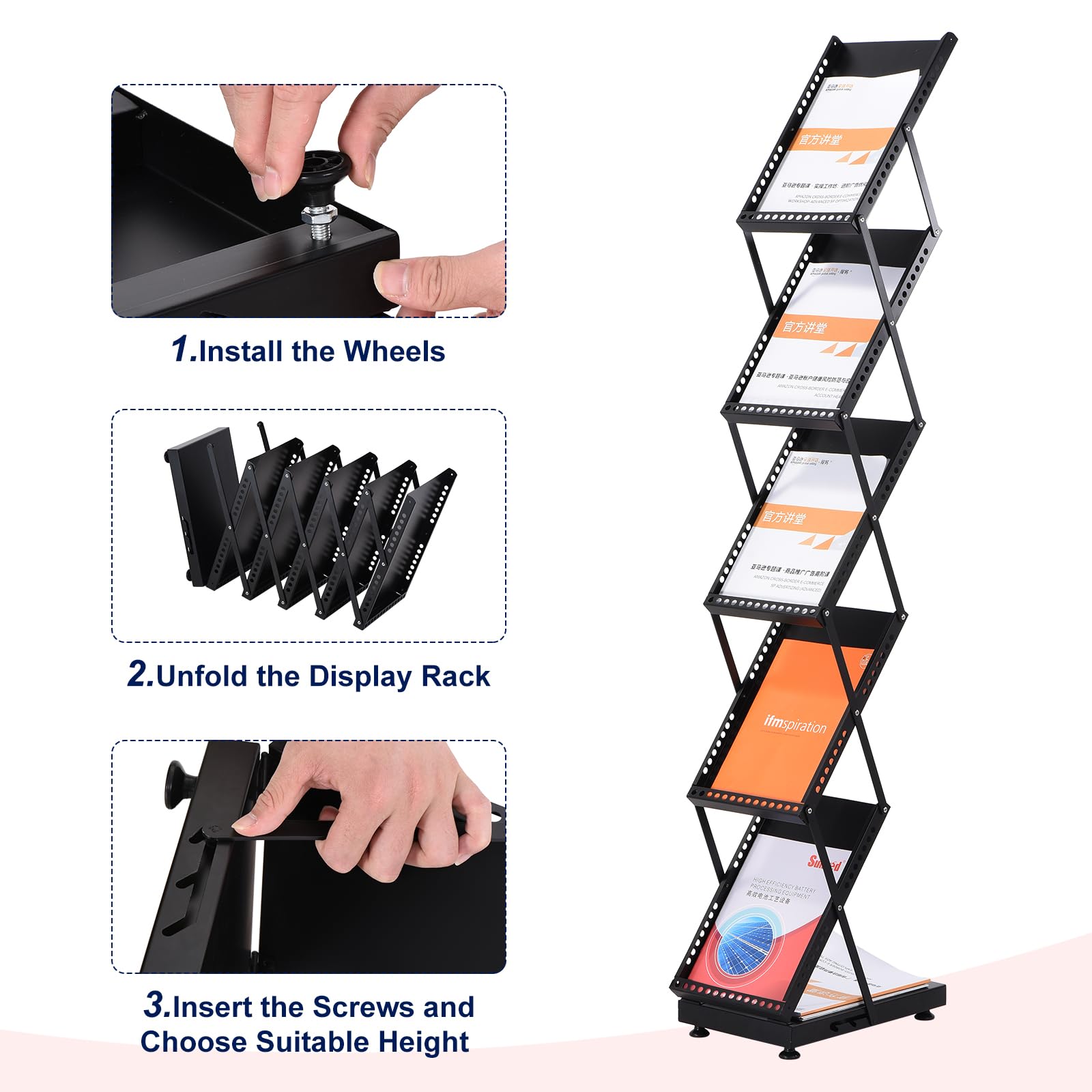 PATIKIL Foldable Magazine Display Racks Floor Standing 5 Layers Brochure Stand Catalog Literature Holder with Wheels for Hotel, Exhibition