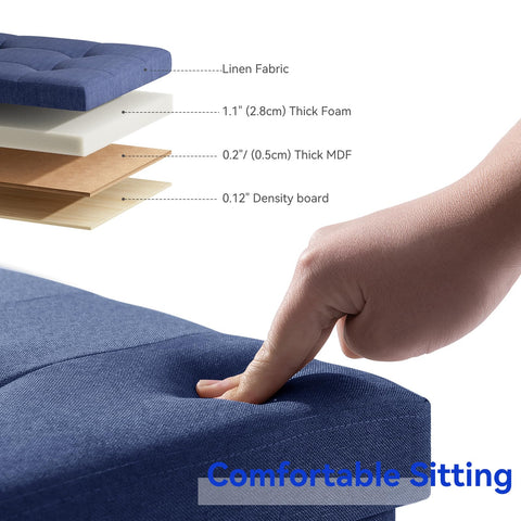 BRIAN & DANY Ottoman Storage Box with 4 Wood Legs, Linen Storage Ottoman for Living Room, Blue, 76 x 38 x 38 cm