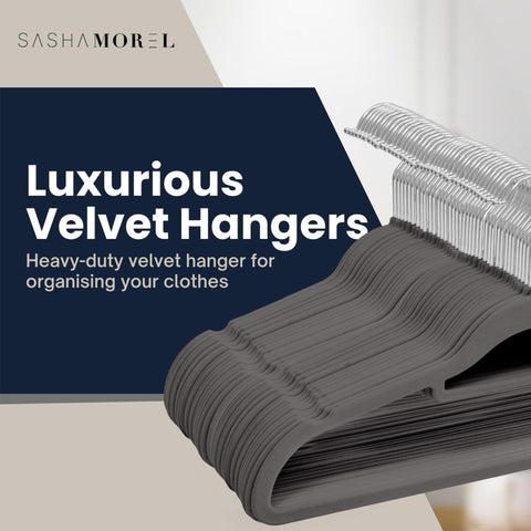 Sasha Morel 50 Pack Velvet Coat Hangers – Non Slip Velvet Hangers for Clothes, Space Saving Adult Hangers with Tie Organizer & Swivel Hooks