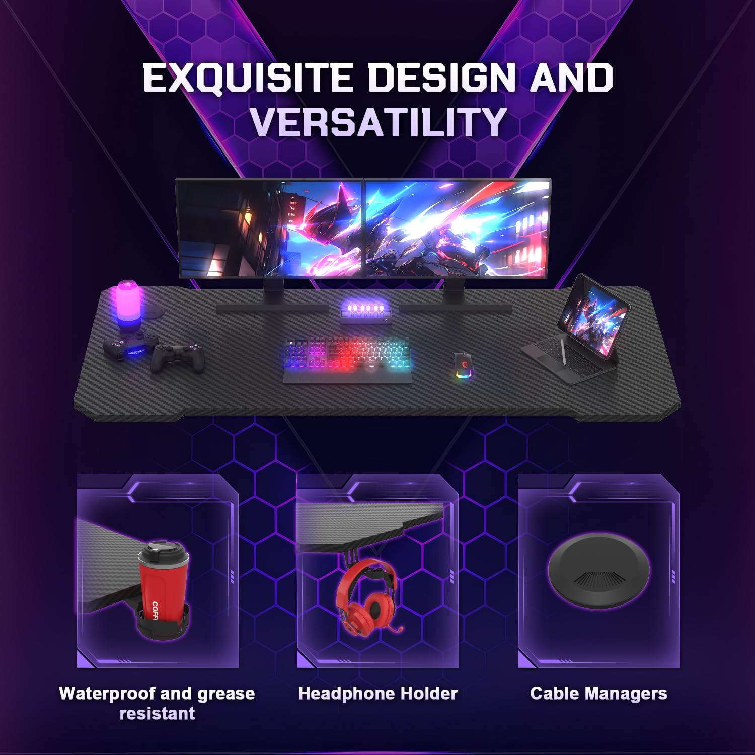 JUMMICO Gaming Table Gaming table with cup holder and headset holder, 2 professional cable management holes, carbon fiber table top