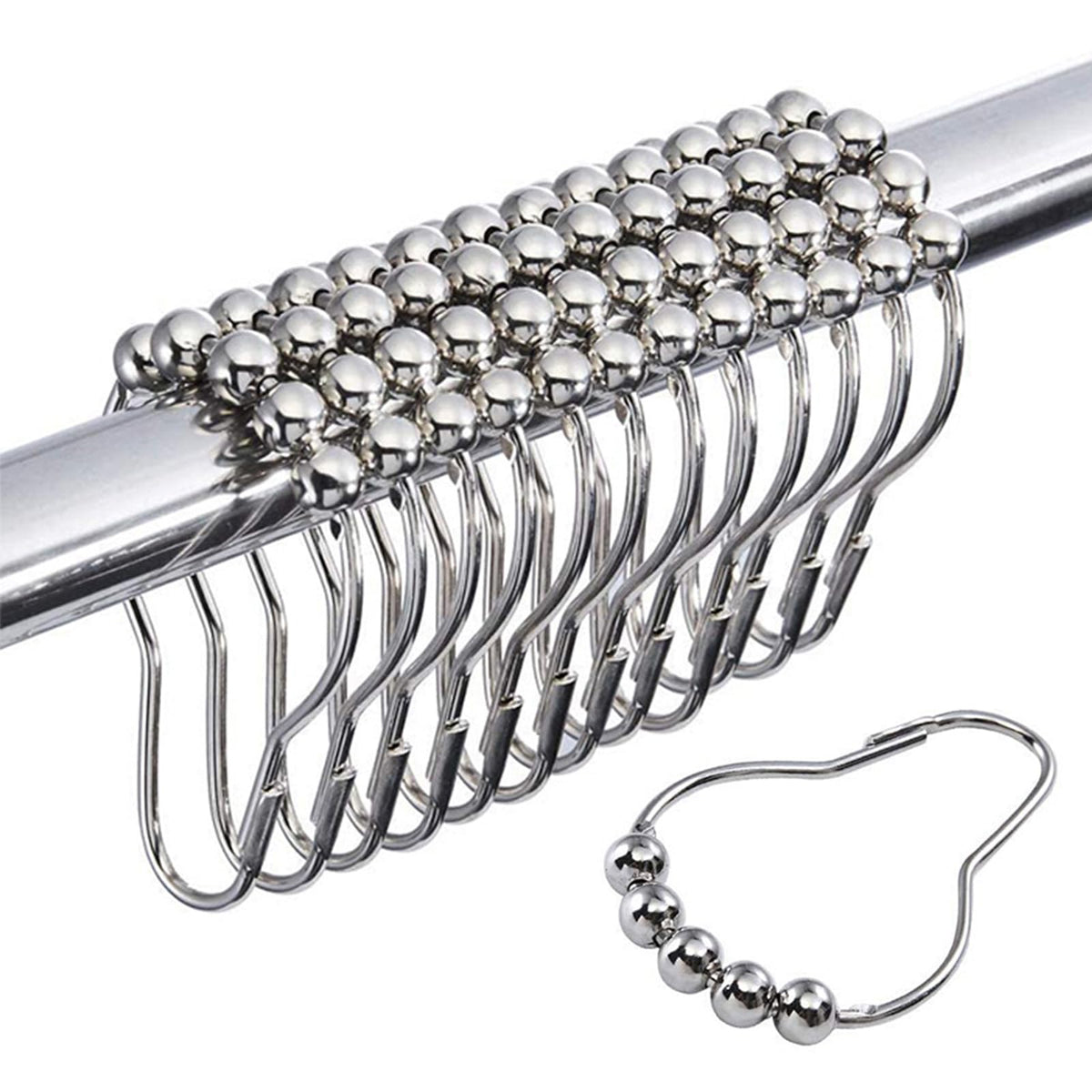 12 PCS Shower Curtain Hooks, Silver Stainless Steel Shower Curtains Rings with Roller Balls, Rust-Resistant, Heavy-Duty Closure