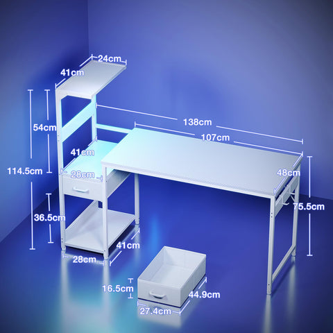 Coleshome 138×48 cm Gaming Desk with LED Lights, Carbon Fiber White