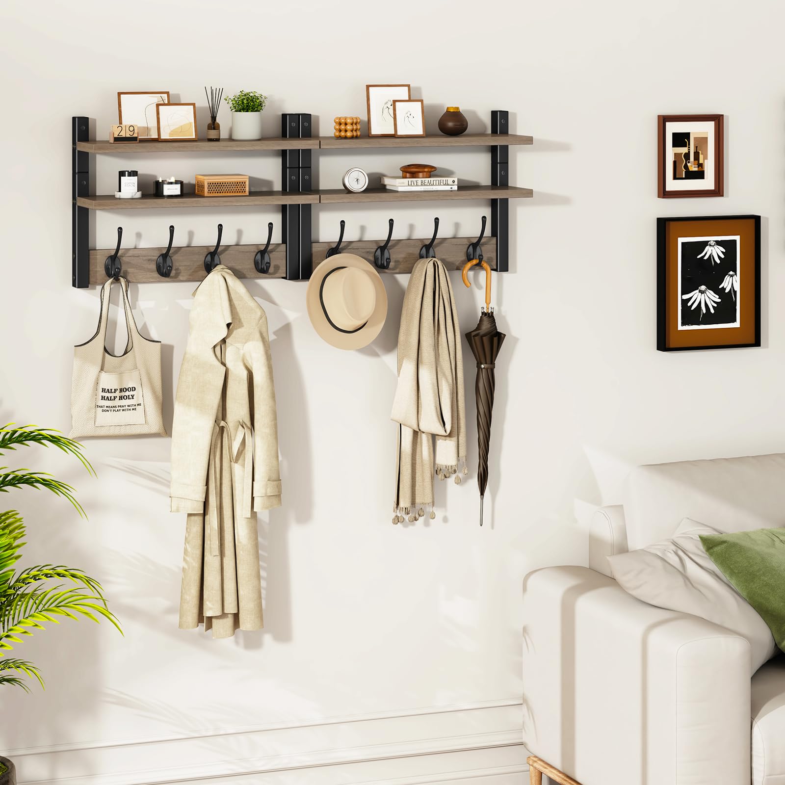 YMYNY 2-Tier Coat Hooks Wall Mounted with Shelf, Silver Gray HWS009Y-2