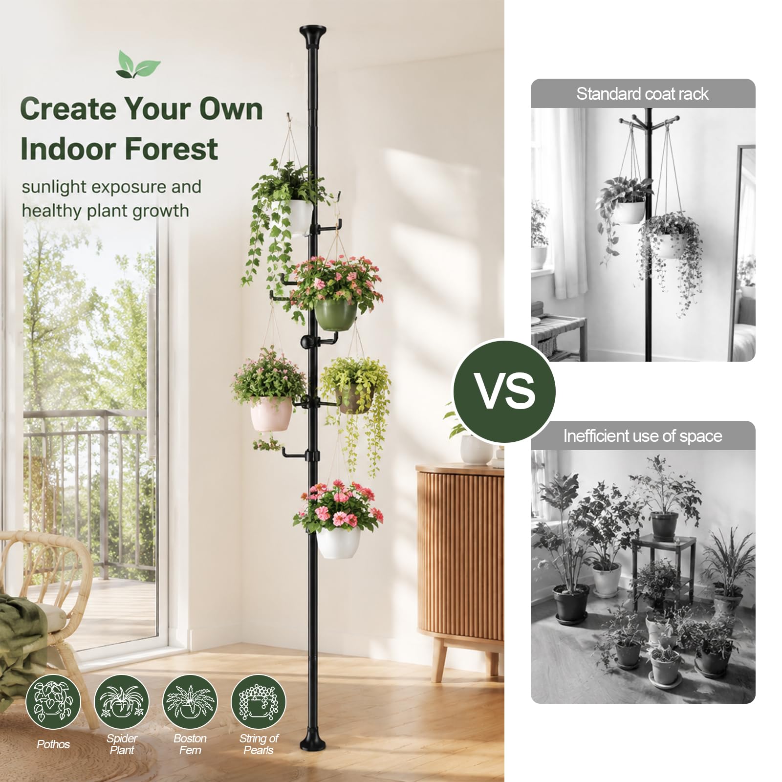 Sempicad Coat Rack Freestanding, 56 to 125 inch Adjustable Tension Rod Hanger with 12 Hooks for Hanging Coat, plant,Jacket, Hat, Scarf