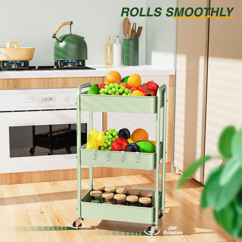 LEHOM 3 Tier Rolling Storage Cart, Metal Trolley Utility Cart with Wheels & Hooks