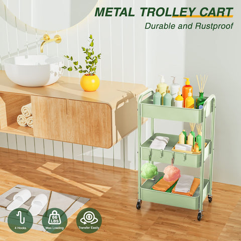 LEHOM 3 Tier Rolling Storage Cart, Metal Trolley Utility Cart with Wheels & Hooks