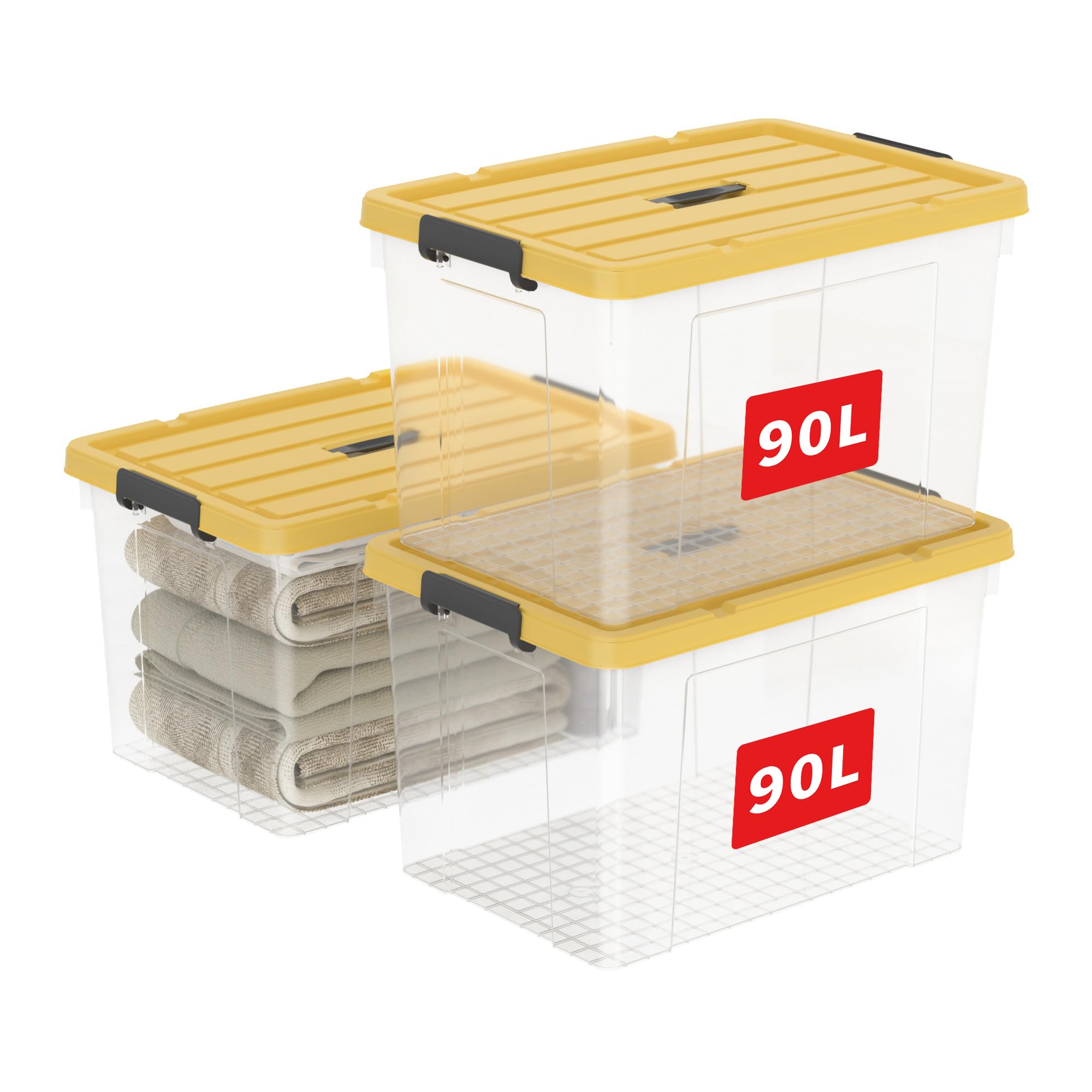 Cetomo 90L*3 Storage Boxes, Carry Plastic Storage Box with Lids, Organizing Container with Handle and Latching Buckles, Stackable, Nestable