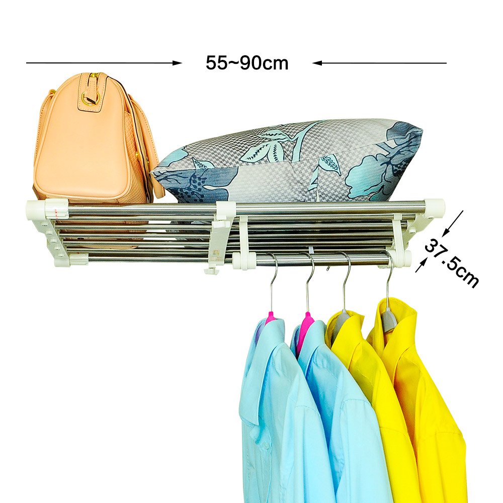 BAOYOUNI Extendable Closet Shelf Rod Clothes Hanger Organizer Heavy Duty Metal Storage Rack DIY Separator Divider (55-90cm)