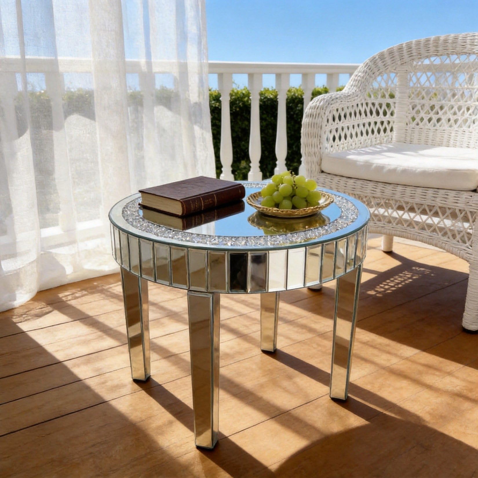 Artloge Mirrored Coffee Table Round Glass : 60 x 50cm Silver Glass Coffee Table Embedded Glitter Crushed Diamond Edge Frame and Crystal Mirror