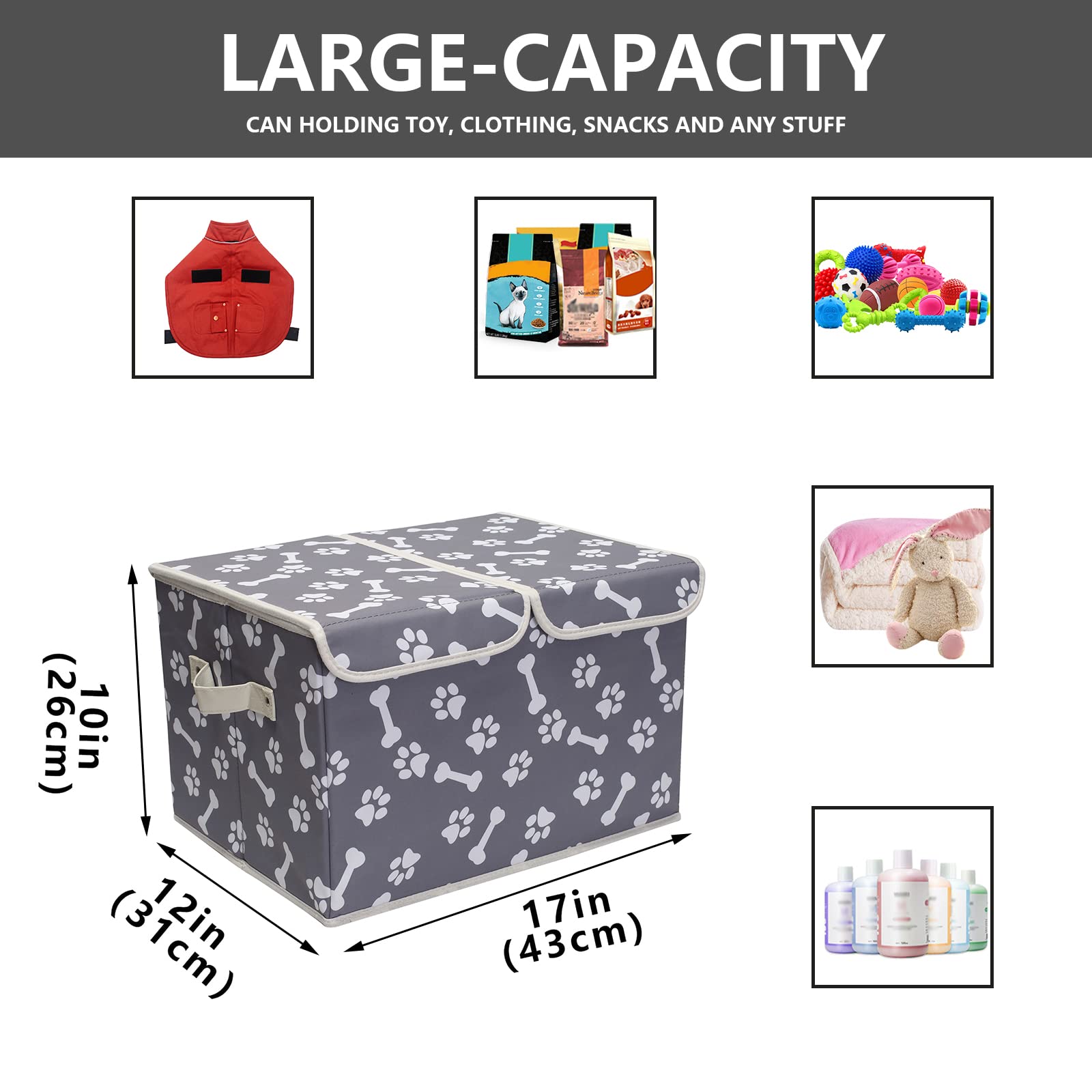 Pet Toy Storage Box with Lid Basket Organizer - Perfect Collapsible Bin for Living room, Playroom, Closet, Home Organization - Bone Paw