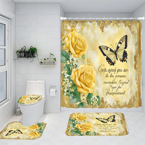 NEWSUYAA Flowers and Butterflies Shower Curtains with Rugs Bathroom Decorations Sets,4 Pcs Blue Floral Bathtub Curtain Elegant Bath Decor with Toilet