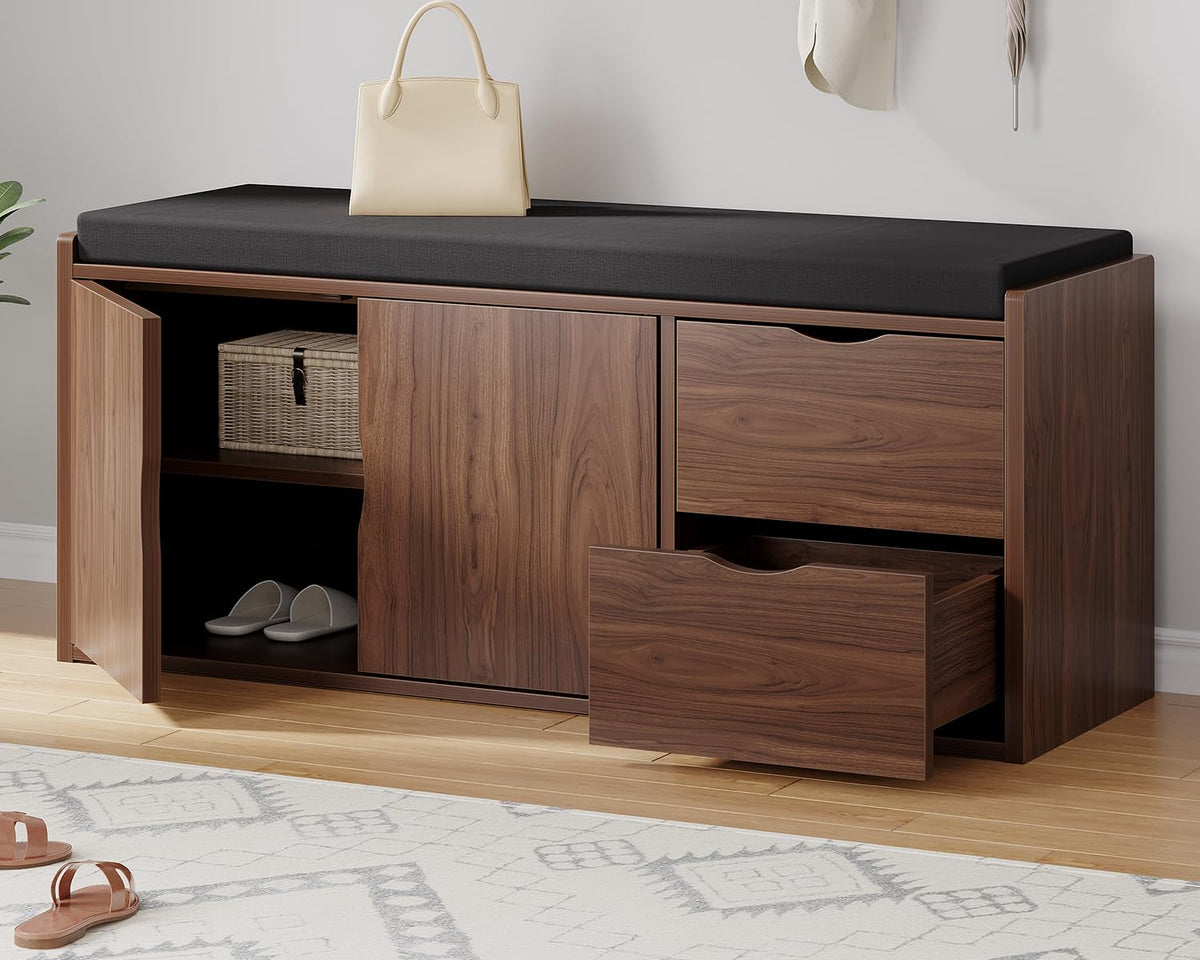 LVB Entryway Storage Bench with Padded Seat Cushion, Wood Hidden Shoe Organizer Bench with 2 Drawers Cabinet