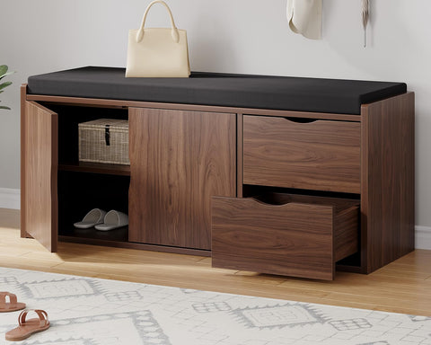 LVB Entryway Storage Bench with Padded Seat Cushion, Wood Hidden Shoe Organizer Bench with 2 Drawers Cabinet