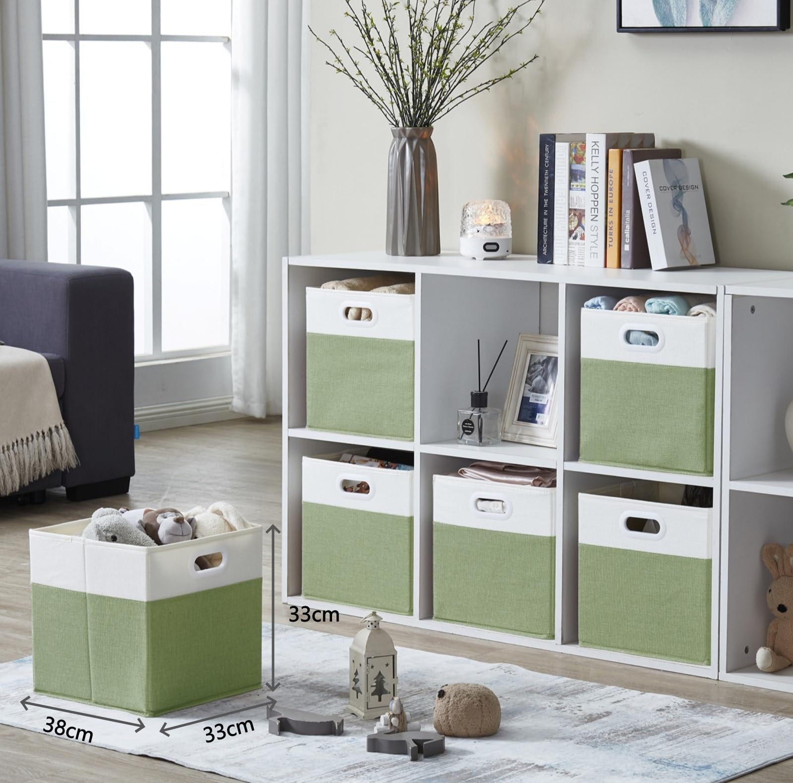 SOCOHOME Fabric Cube Storage Boxes,33x38x33cm Foldable Storage Baskets for Shelf Nursery Closet(Green/White, Set of 3)