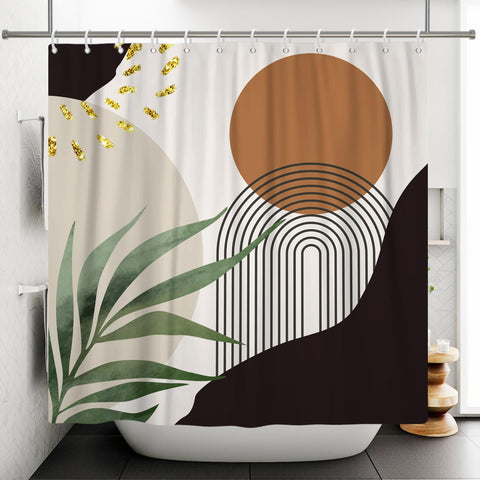 ASDCXZ Boho Shower Curtain 180x200 cm, Modern Abstract Boho Style Green Leaves Brown Sun Grey Black Bath Washable Shower Curtains Polyester Textile