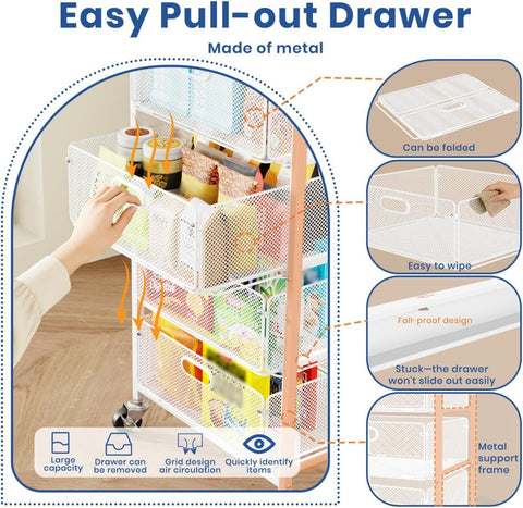 WELDUN Rolling Cart with Drawers, 4-Tier Craft Storage Cart with Lockable Wheels, Metal Storage Drawer Cart Craft Organizer Art Cart for Kitchen