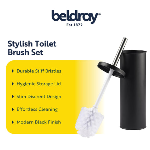Beldray LA059451BLKFEU7 Toilet Brush and Holder Set - Bathroom Toilet Bowl Cleaning Brush with Stiff Bristles Hygiene Holder with Lid Slim for Easy