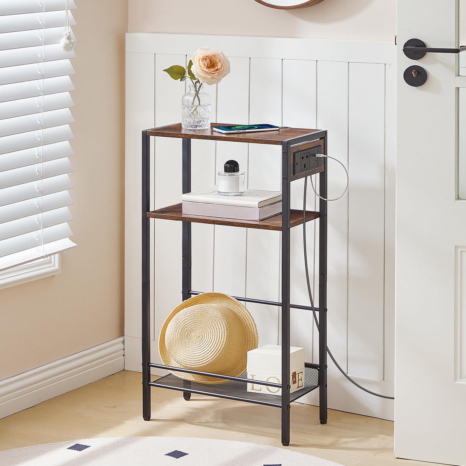 HOOBRO 3-Tier Console Table with Charging Station (1AC, 1USB, 1Type-C), Hallway Table with Adjustable Shelf