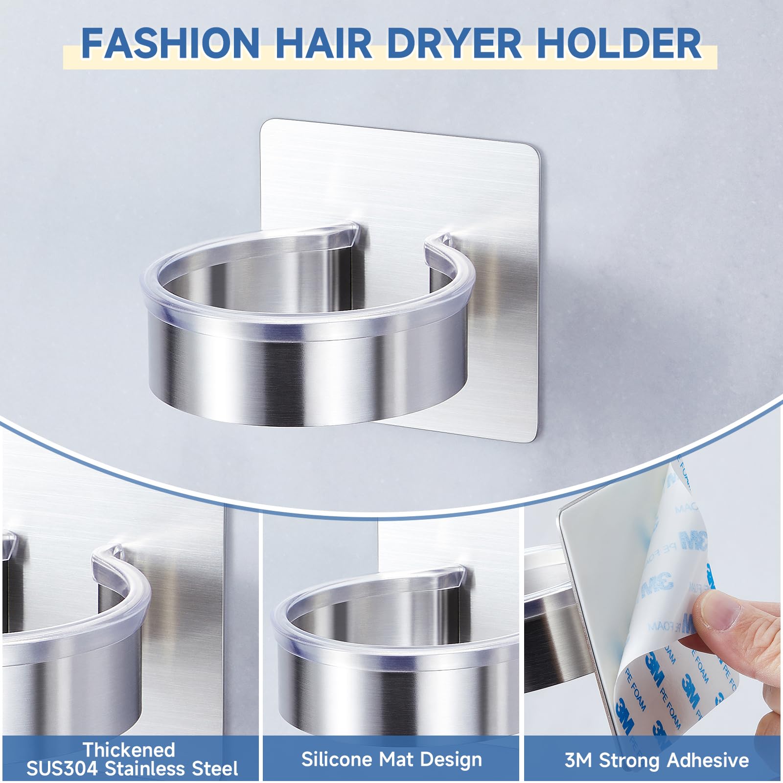 YYBO Hair Dryer Holder Wall Mount, Hairdryer Holder Station for Hair Dryer Storage, Adhesive Hairdryer Stand Rack for Dressing Table Bathroom (Silver)