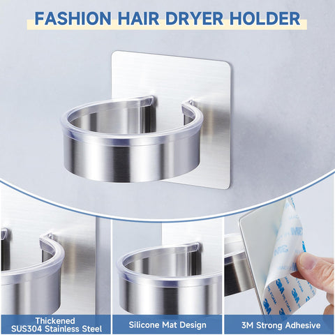 YYBO Hair Dryer Holder Wall Mount, Hairdryer Holder Station for Hair Dryer Storage, Adhesive Hairdryer Stand Rack for Dressing Table Bathroom (Silver)