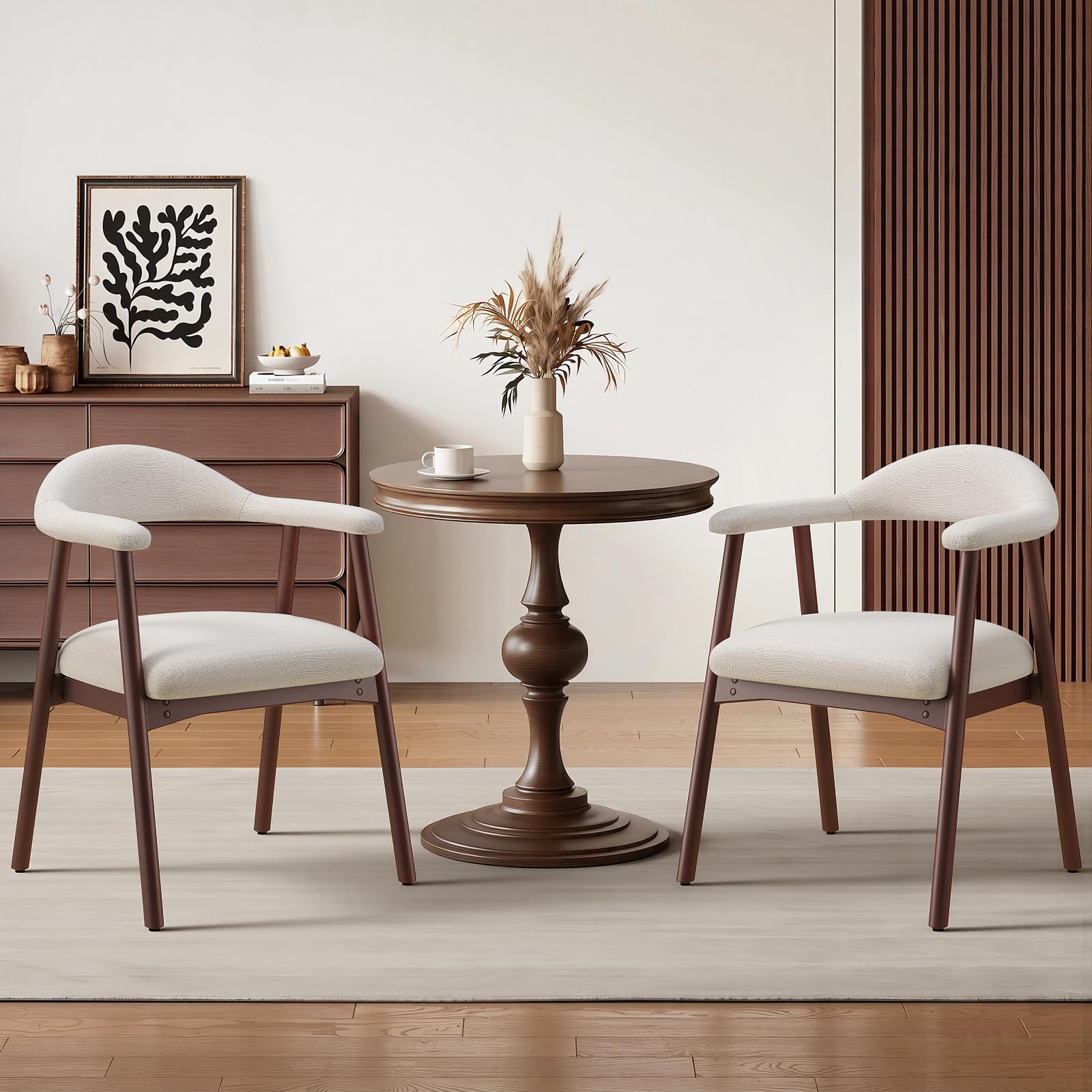 MALOL Wooden Dining Chairs Set of 2, Fabric Chairs for Dining Room with Armrest, Upholstered Kitchen Chairs with Curved Back and Wood Legs for Dining