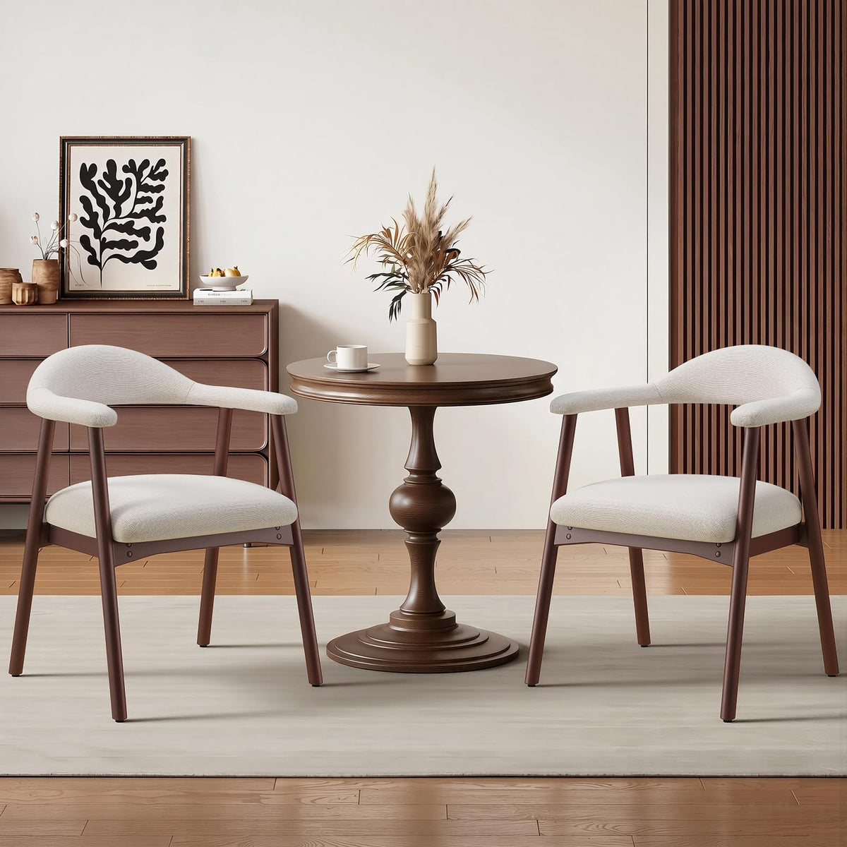 MALOL Wooden Dining Chairs Set of 2, Fabric Chairs for Dining Room with Armrest, Upholstered Kitchen Chairs with Curved Back and Wood Legs for Dining