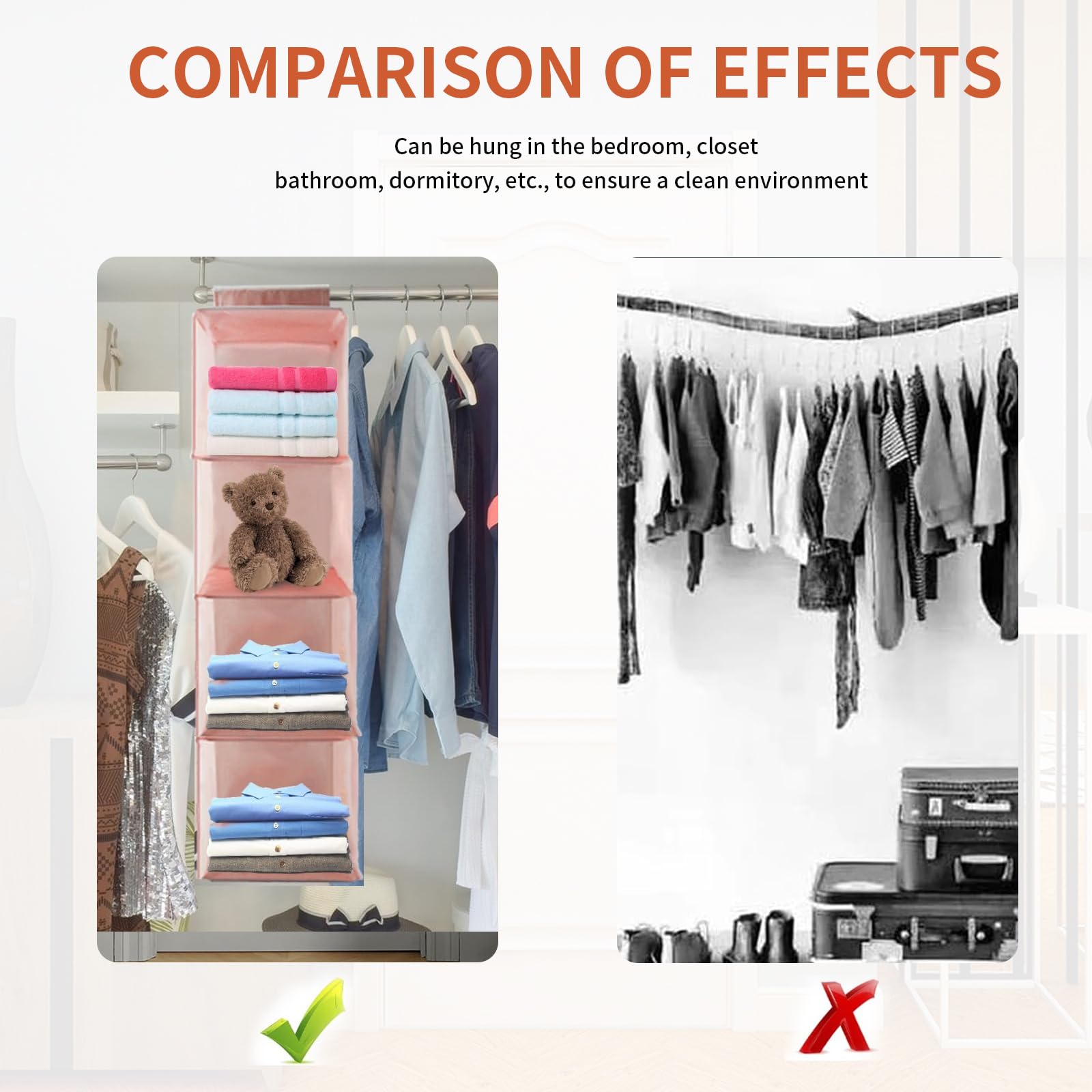 DQZSY Pack of 2 Hanging Shelves Wardrobe, 4 Compartments Hanging Organiser Cupboard, with 12 Mesh Side Pockets for Family Cupboard, Bedroom