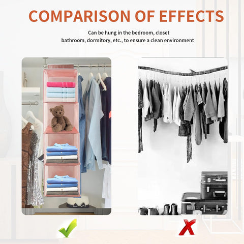 DQZSY Pack of 2 Hanging Shelves Wardrobe, 4 Compartments Hanging Organiser Cupboard, with 12 Mesh Side Pockets for Family Cupboard, Bedroom