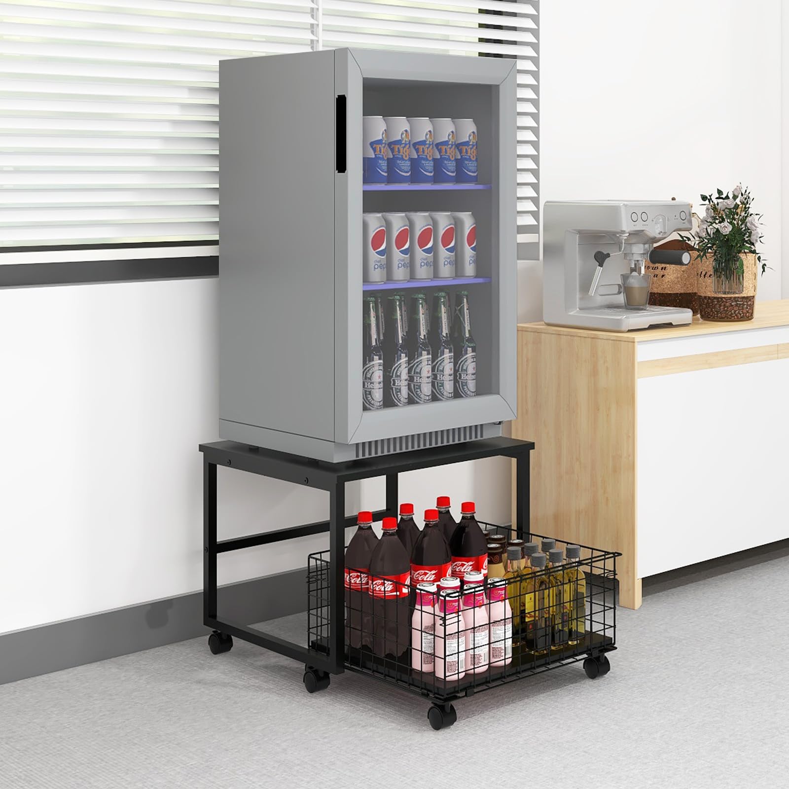 PUNCIA Mobile Mini Fridge Stand with Large Capacity Storage Portable Refrigerator Table with 4 Lockable Wheels Appliance Platform Table with Drawer