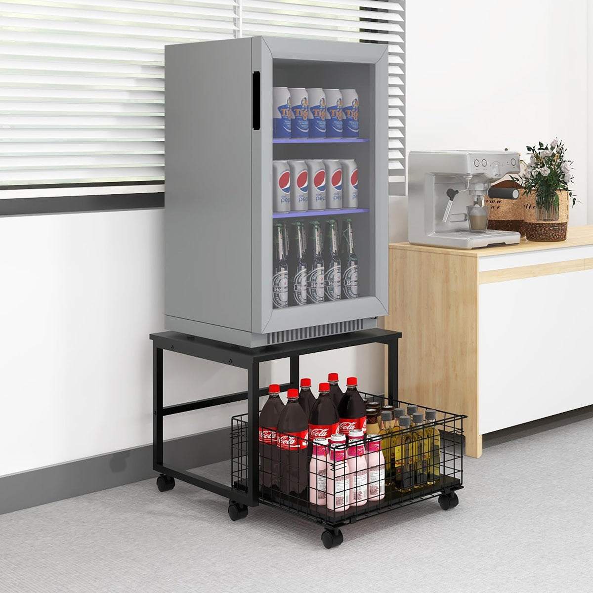 PUNCIA Mobile Mini Fridge Stand with Large Capacity Storage Portable Refrigerator Table with 4 Lockable Wheels Appliance Platform Table with Drawer