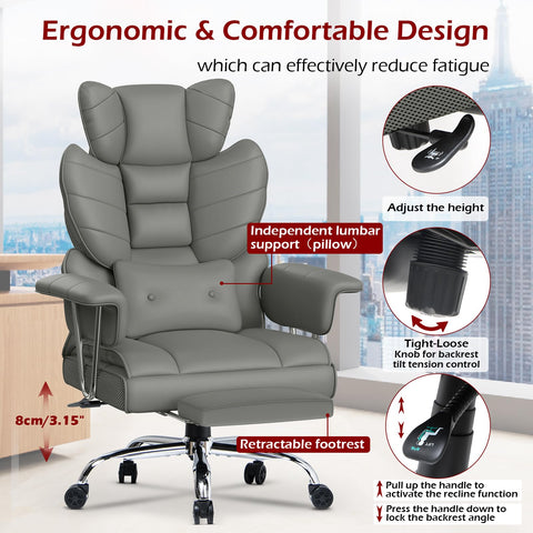 naspaluro High Back PU Leather Ergonomic Computer Recliner, Big Tall Executive Desk Office Chair with Armrests/Footrest