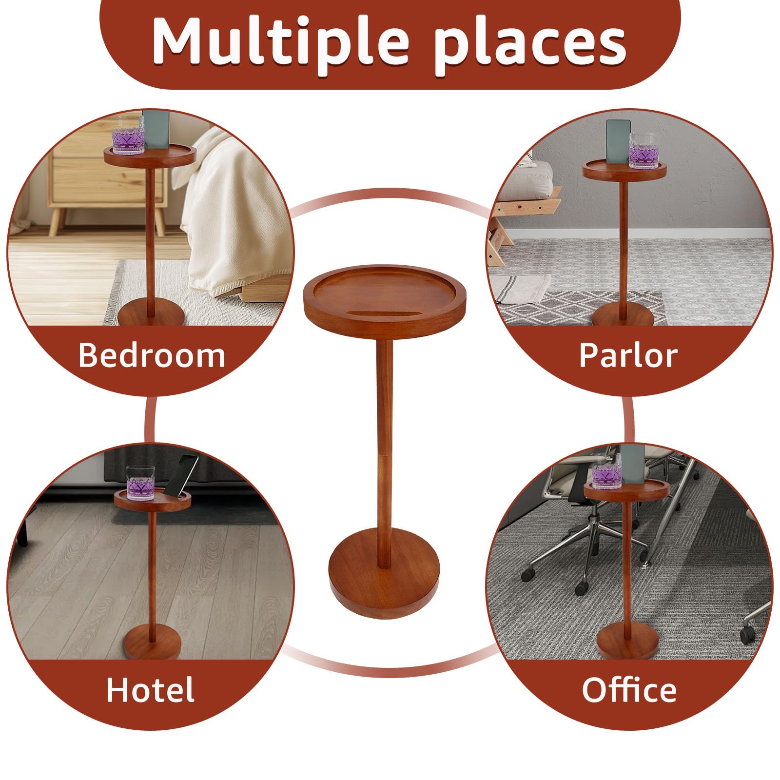 Solid Wood Pedestal Side Table, Small Round Coffee Table with Phone Holder & Weighted Base,21.65 Inch Enduring End Table Snack Desk for Small Spaces