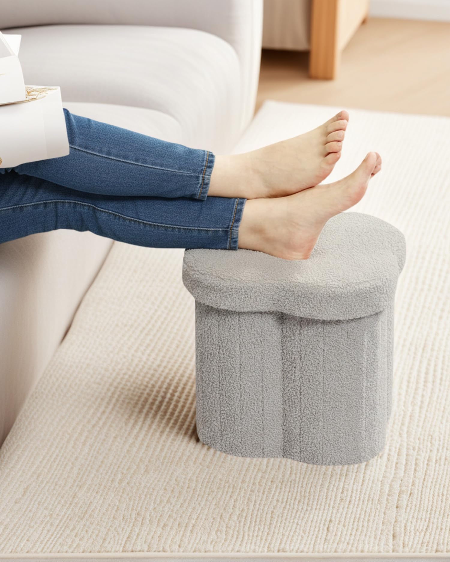 Bonlife Grey Ottoman Storage Box,Folding Storage Seat Box,Small Footstool For Living Room,Kid's Toy Chest Box,Teddy Flower Shape,32x32x32cm