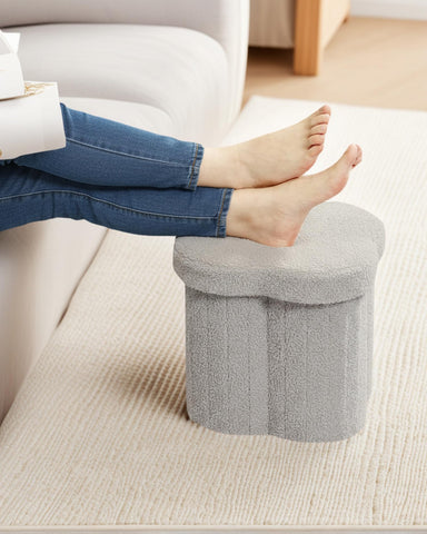 Bonlife Grey Ottoman Storage Box,Folding Storage Seat Box,Small Footstool For Living Room,Kid's Toy Chest Box,Teddy Flower Shape,32x32x32cm