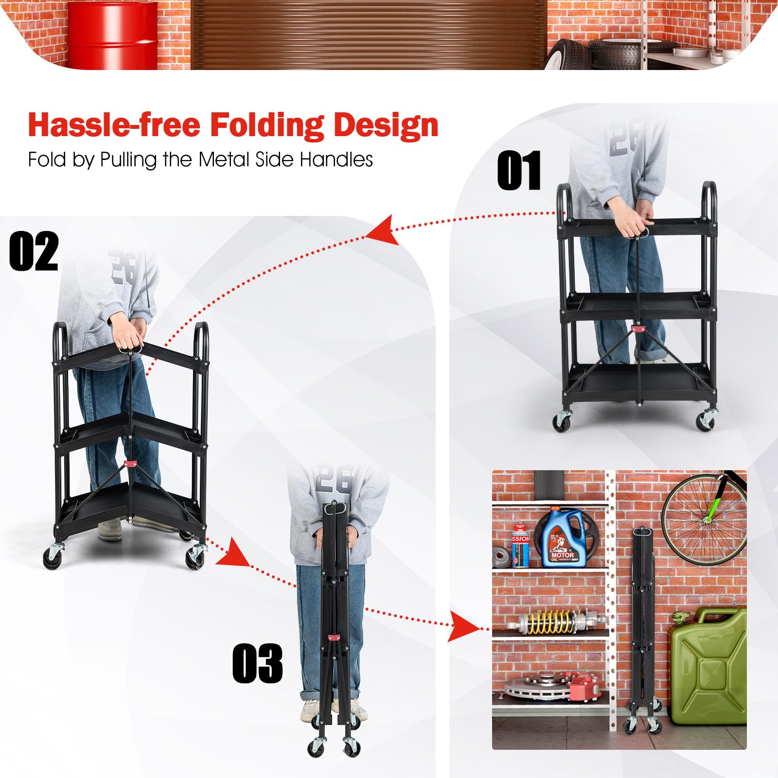 GiantexUK 3-Tier Folding Tool Trolley, Metal Frame Service Cart with Wheels, Tool Grooves & Handles