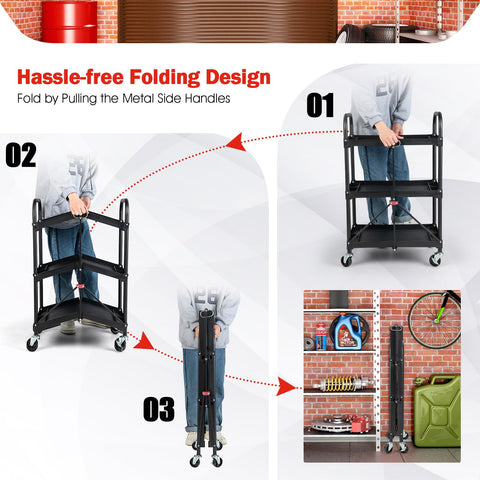 GiantexUK 3-Tier Folding Tool Trolley, Metal Frame Service Cart with Wheels, Tool Grooves & Handles